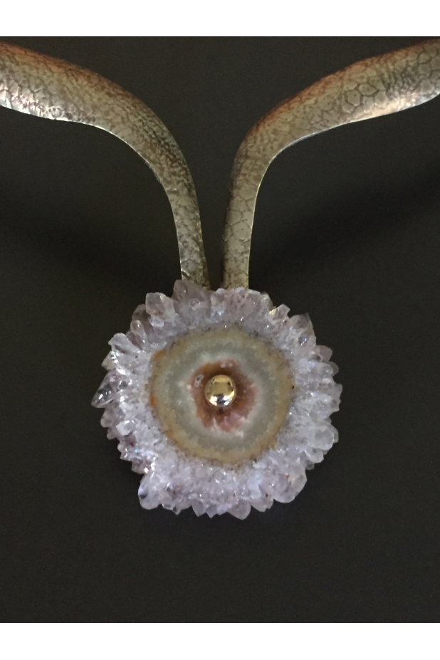 Neckpiece sterling silver, amethyst stalactite slice, beads 14k