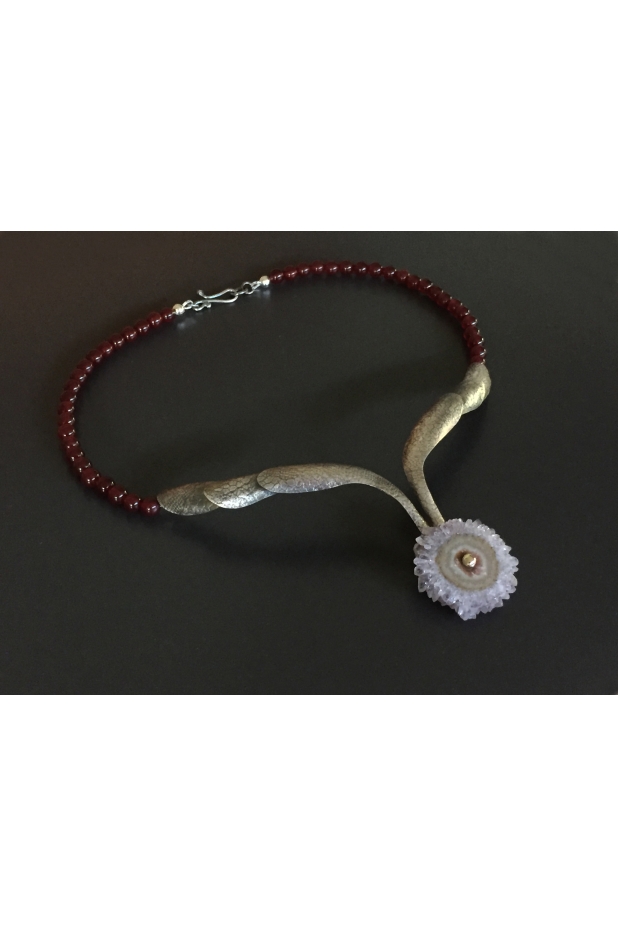 Neckpiece sterling silver, amethyst stalactite slice, beads 14k