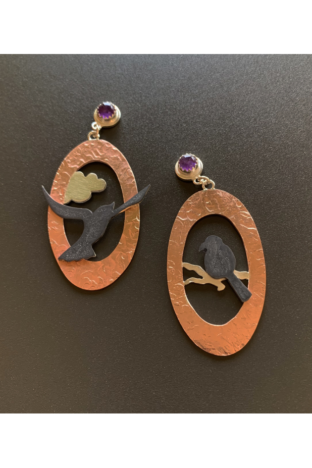 Bird jewelry, copper, sterling, amethyst