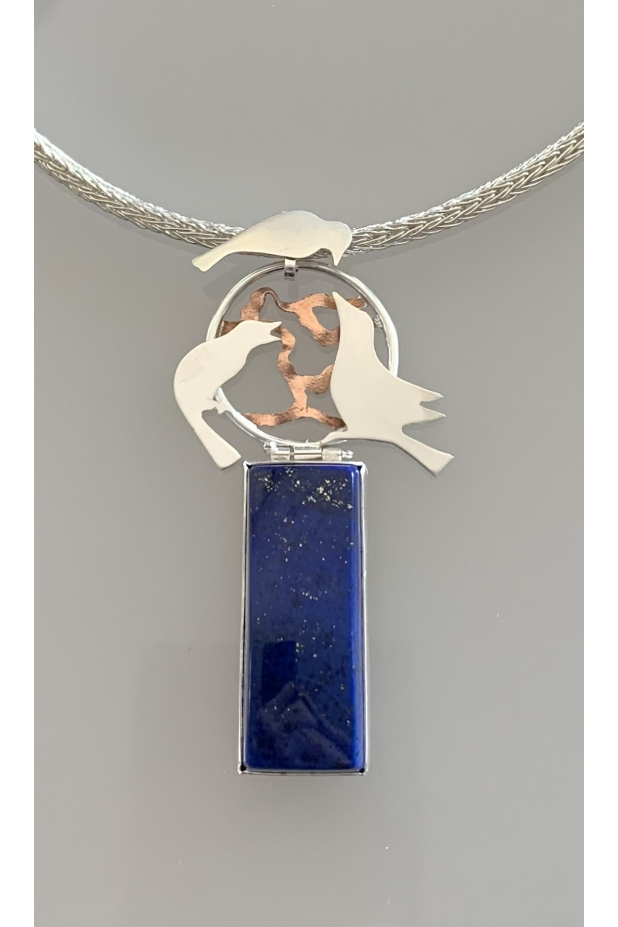 Backyard Birds, sterling silver, lapis, neckpiece, fine silver chain.