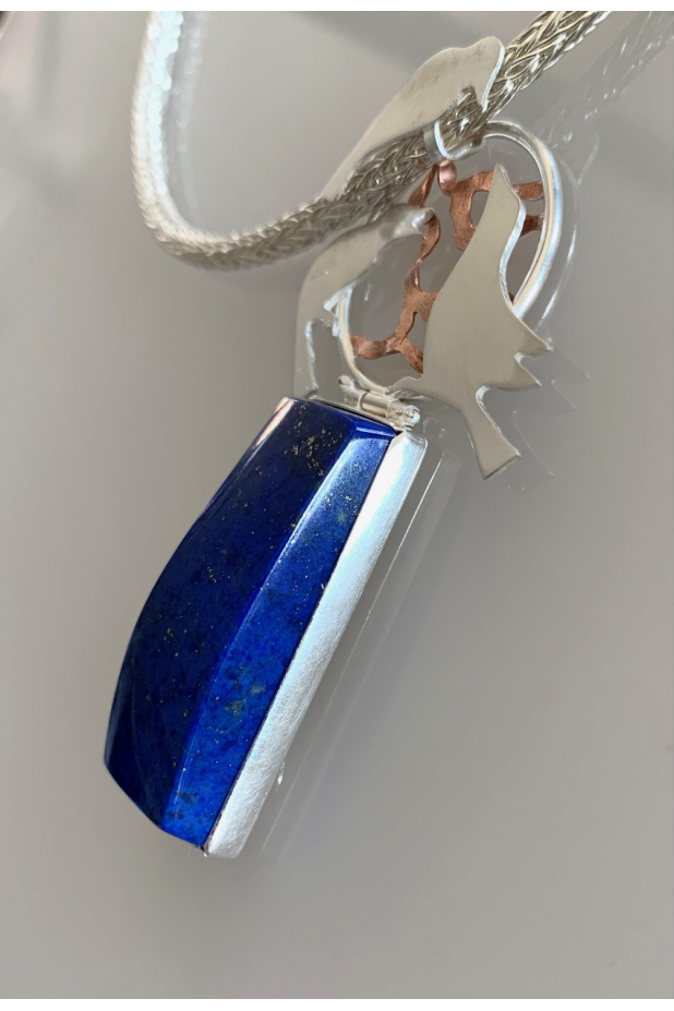 Backyard Birds, sterling silver, lapis, neckpiece, fine silver chain.