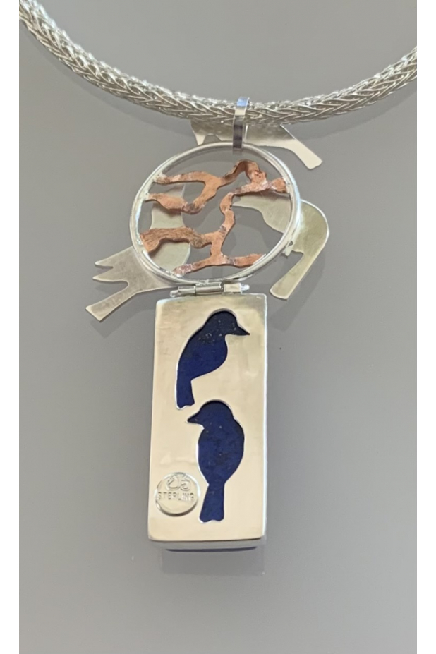 Backyard Birds, sterling silver, lapis, neckpiece, fine silver chain.