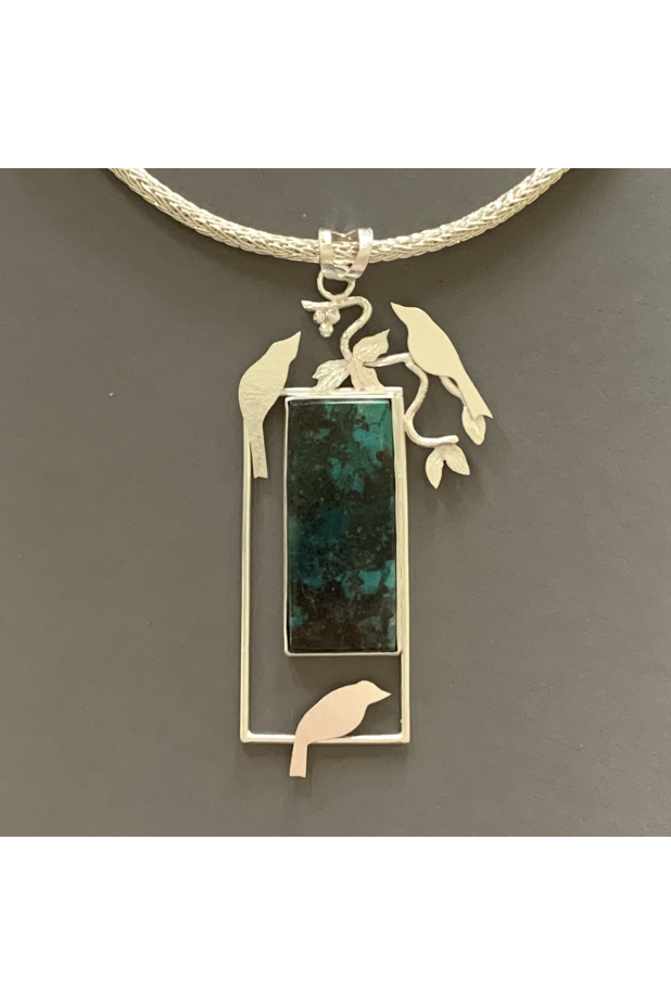 Backyard birds, sterling silver, chrysocolla, fine silver chain.