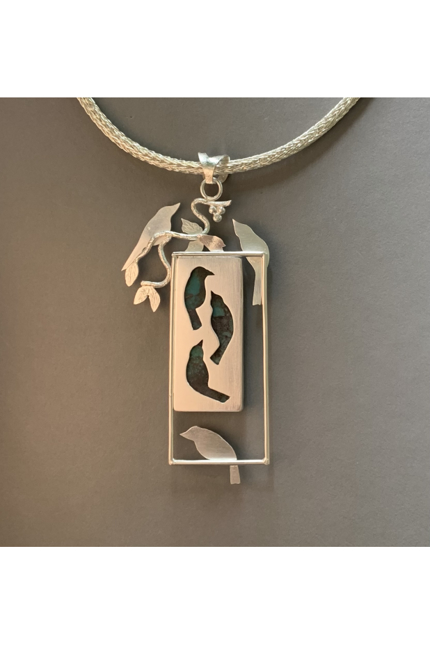 Backyard birds, sterling silver, chrysocolla, fine silver chain.