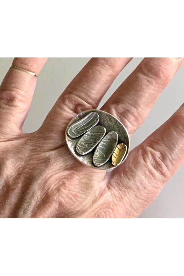 Silver and gold ring with patina.