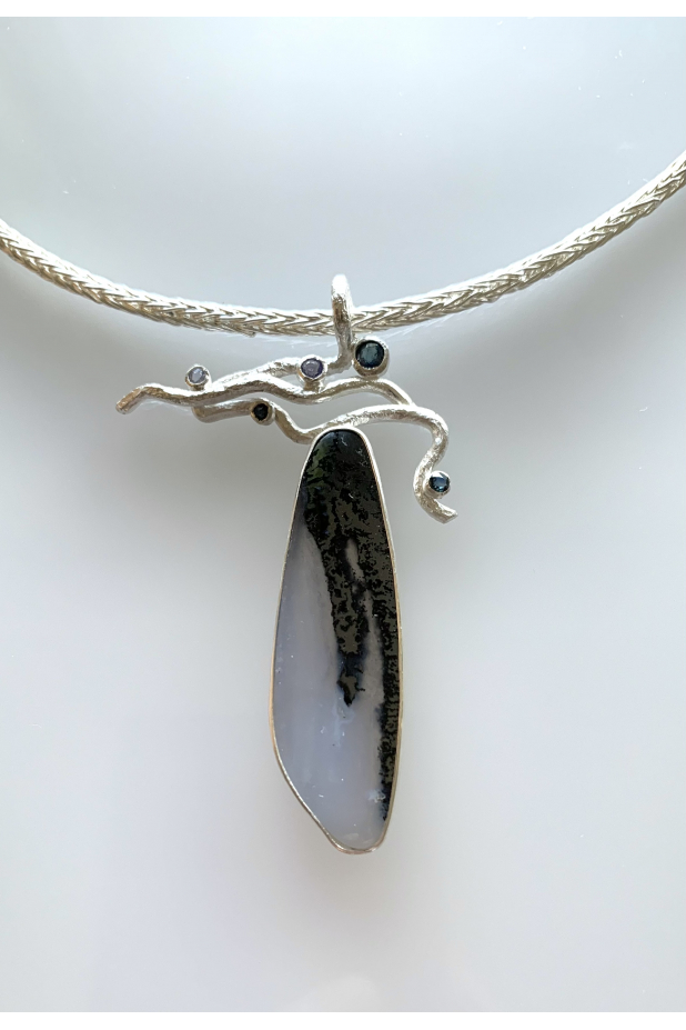 Psilomelene in quartz, sterling silver, sapphire, tanzanite neckpiece