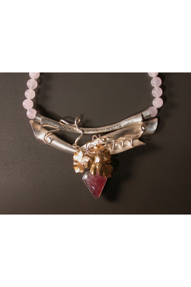 Summer Berries. SS, 22k gold, 18k gold, raspberry quartz, rose quartz beads 17"
