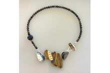 Neckpiece, mixed metals, mixed gemstones, agates, pearls