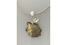 "Potted Plant #1" neckpiece.  Etched brass, sterling silver, fine silver chain.